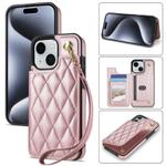 For iPhone 15 Plus Rhombic Dual Buckle Card Slots Phone Case with Lanyard(Rose Gold)