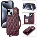For iPhone 15 Rhombic Dual Buckle Card Slots Phone Case with Lanyard(Wine Red)