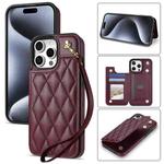 For iPhone 14 Pro Max Rhombic Dual Buckle Card Slots Phone Case with Lanyard(Wine Red)
