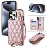 For iPhone 14 Pro Max Rhombic Dual Buckle Card Slots Phone Case with Lanyard(Rose Gold)