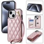 For iPhone 13 / 14 Rhombic Dual Buckle Card Slots Phone Case with Lanyard(Rose Gold)