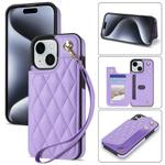 For iPhone 13 / 14 Rhombic Dual Buckle Card Slots Phone Case with Lanyard(Purple)
