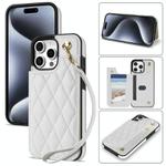 For iPhone 13 Pro Max Rhombic Dual Buckle Card Slots Phone Case with Lanyard(White)