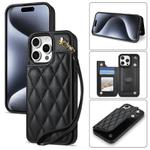For iPhone 13 Pro Max Rhombic Dual Buckle Card Slots Phone Case with Lanyard(Black)