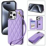 For iPhone 13 Pro Max Rhombic Dual Buckle Card Slots Phone Case with Lanyard(Purple)