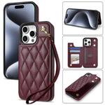 For iPhone 12 Pro Max Rhombic Dual Buckle Card Slots Phone Case with Lanyard(Wine Red)