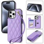 For iPhone 12 Pro Max Rhombic Dual Buckle Card Slots Phone Case with Lanyard(Purple)