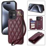 For iPhone 12 / 12 Pro Rhombic Dual Buckle Card Slots Phone Case with Lanyard(Wine Red)