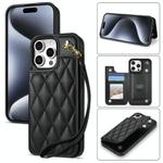For iPhone 11 Pro Max Rhombic Dual Buckle Card Slots Phone Case with Lanyard(Black)