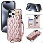 For iPhone 11 Pro Max Rhombic Dual Buckle Card Slots Phone Case with Lanyard(Rose Gold)