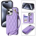 For iPhone 11 Pro Max Rhombic Dual Buckle Card Slots Phone Case with Lanyard(Purple)