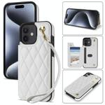 For iPhone 11 Rhombic Dual Buckle Card Slots Phone Case with Lanyard(White)