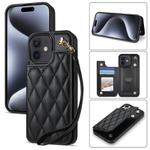 For iPhone 11 Rhombic Dual Buckle Card Slots Phone Case with Lanyard(Black)