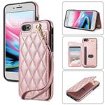 For iPhone SE 2022 / 2020 / 8 / 7 Rhombic Dual Buckle Card Slots Phone Case with Lanyard(Rose Gold)