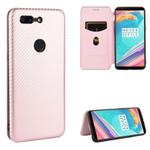 For OnePlus 5T Carbon Fiber Texture Horizontal Flip TPU + PC + PU Leather Case with Card Slot(Pink)