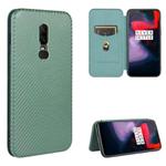 For OnePlus 6 Carbon Fiber Texture Horizontal Flip TPU + PC + PU Leather Case with Card Slot(Green)
