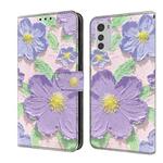 For Motorola Moto E32 Fresh Painted Leather Phone Case(Oil Painting Purple Flowers)