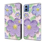 For Motorola Moto G34 Fresh Painted Leather Phone Case(Oil Painting Purple Flowers)