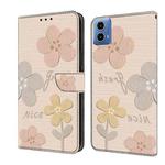 For Motorola Moto G34 Fresh Painted Leather Phone Case(Beige Flowers)