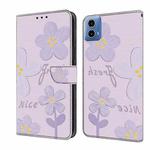 For Motorola Moto G34 Fresh Painted Leather Phone Case(Dark Purple Flowers)