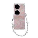 For Huawei Pocket 2 Three Parts Pearlescent Shell Texture Phone Case with Bracelet(Pink Green)