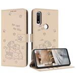 For Fujitsu Arrows We F-51B Embossed Kitten Phone Leather Case with Lanyard(Beige)