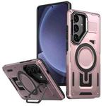 For Samsung Galaxy S25 5G Shield Hollow Frame Holder MagSafe Phone Case(Rose Gold)