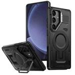 For Samsung Galaxy S25+ 5G Shield Hollow Frame Holder MagSafe Phone Case(Black)