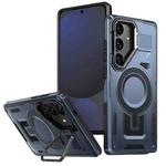 For Samsung Galaxy S24 FE 5G Shield Hollow Frame Holder MagSafe Phone Case(Navy Blue)