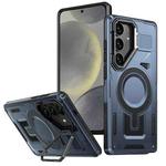 For Samsung Galaxy S24+ 5G Shield Hollow Frame Holder MagSafe Phone Case(Navy Blue)