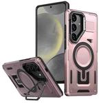 For Samsung Galaxy S24+ 5G Shield Hollow Frame Holder MagSafe Phone Case(Rose Gold)