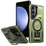 For Samsung Galaxy S23 FE 5G Shield Hollow Frame Holder MagSafe Phone Case(Olive Green)