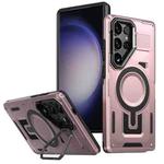 For Samsung Galaxy S23 Ultra 5G Shield Hollow Frame Holder MagSafe Phone Case(Rose Gold)
