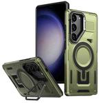 For Samsung Galaxy S23+ 5G Shield Hollow Frame Holder MagSafe Phone Case(Olive Green)