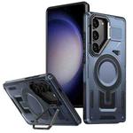 For Samsung Galaxy S23+ 5G Shield Hollow Frame Holder MagSafe Phone Case(Navy Blue)