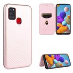 For Samsung Galaxy A21s Carbon Fiber Texture Horizontal Flip TPU + PC + PU Leather Case with Card Slot(Pink)