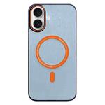 For iPhone 16 Contrast Color Imitation Wood Texture MagSafe Phone Case(Sky Blue)