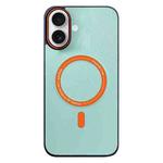 For iPhone 16 Contrast Color Imitation Wood Texture MagSafe Phone Case(Light Cyan)