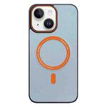 For iPhone 14 Contrast Color Imitation Wood Texture MagSafe Phone Case(Sky Blue)