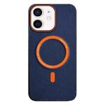 For iPhone 12 Contrast Color Imitation Wood Texture MagSafe Phone Case(Navy Blue)