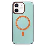 For iPhone 12 Contrast Color Imitation Wood Texture MagSafe Phone Case(Light Cyan)