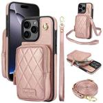 For iPhone 16 Pro Max AwQuer Crossbody Zipper Wallet Bag Litchi Leather Phone Case(Rose Gold)