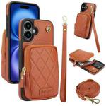 For iPhone 16 Plus AwQuer Crossbody Zipper Wallet Bag Litchi Leather Phone Case(Brown)