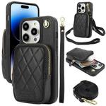 For iPhone 14 Pro Max AwQuer Crossbody Zipper Wallet Bag Litchi Leather Phone Case(Black)