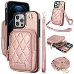 For iPhone 12 Pro Max AwQuer Crossbody Zipper Wallet Bag Litchi Leather Phone Case(Rose Gold)