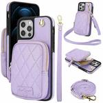 For iPhone 12 Pro Max AwQuer Crossbody Zipper Wallet Bag Litchi Leather Phone Case(Light Purple)