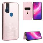 For Motorola Moto One Hyper Carbon Fiber Texture Horizontal Flip TPU + PC + PU Leather Case with Rope & Card Slot(Pink)