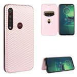 For Motorola Moto G8 Plus Carbon Fiber Texture Horizontal Flip TPU + PC + PU Leather Case with Rope & Card Slot(Pink)