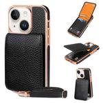 For iPhone 15 VIETAO Litchi Texture Wallet PU Phone Case with Lanyard(Black)