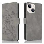 For iPhone 15 Dreamy Butterfly Love Flower Embossed Leather Phone Case(Grey)